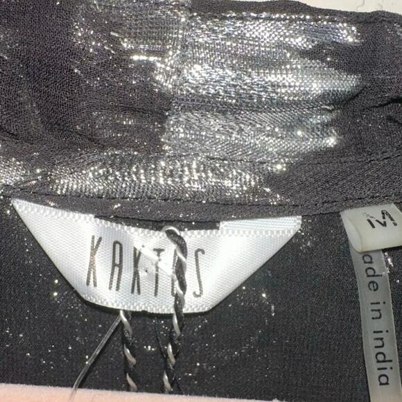 NWT Kaktus Black & Silver V Neck Tie Blouse - Picture 4 of 6